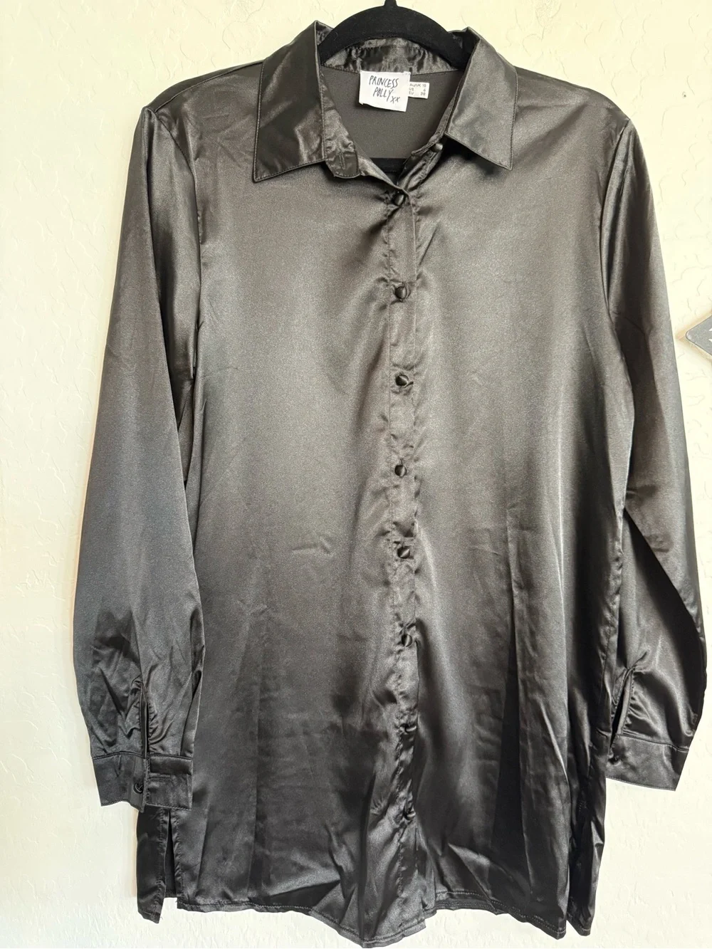PRINCESS POLLY 90210 Satin Shirt Mini Dress - Black - Size 6 - Picture 5 of 11